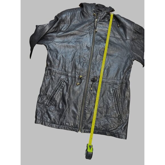 Tannery West Black Hooded Leather Jacket With Gold Accent Zippers Zip-Up Front & - Picture 14 of 16